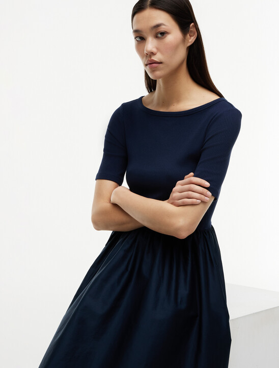 Gold-Tone Button Ribbed Midi Flare Dress