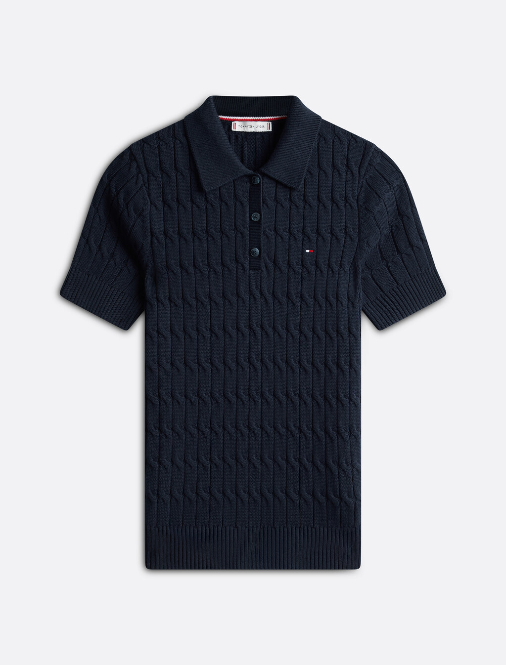 Cable Knit Short Sleeve Polo, Dark Night Navy, hi-res