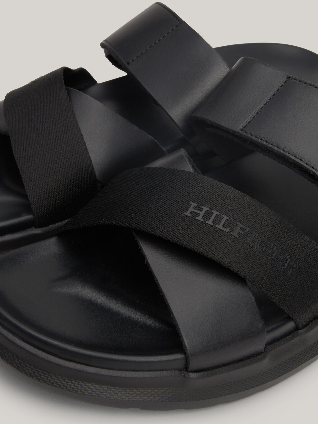 Crossover Strap Leather Sandals, Black, hi-res