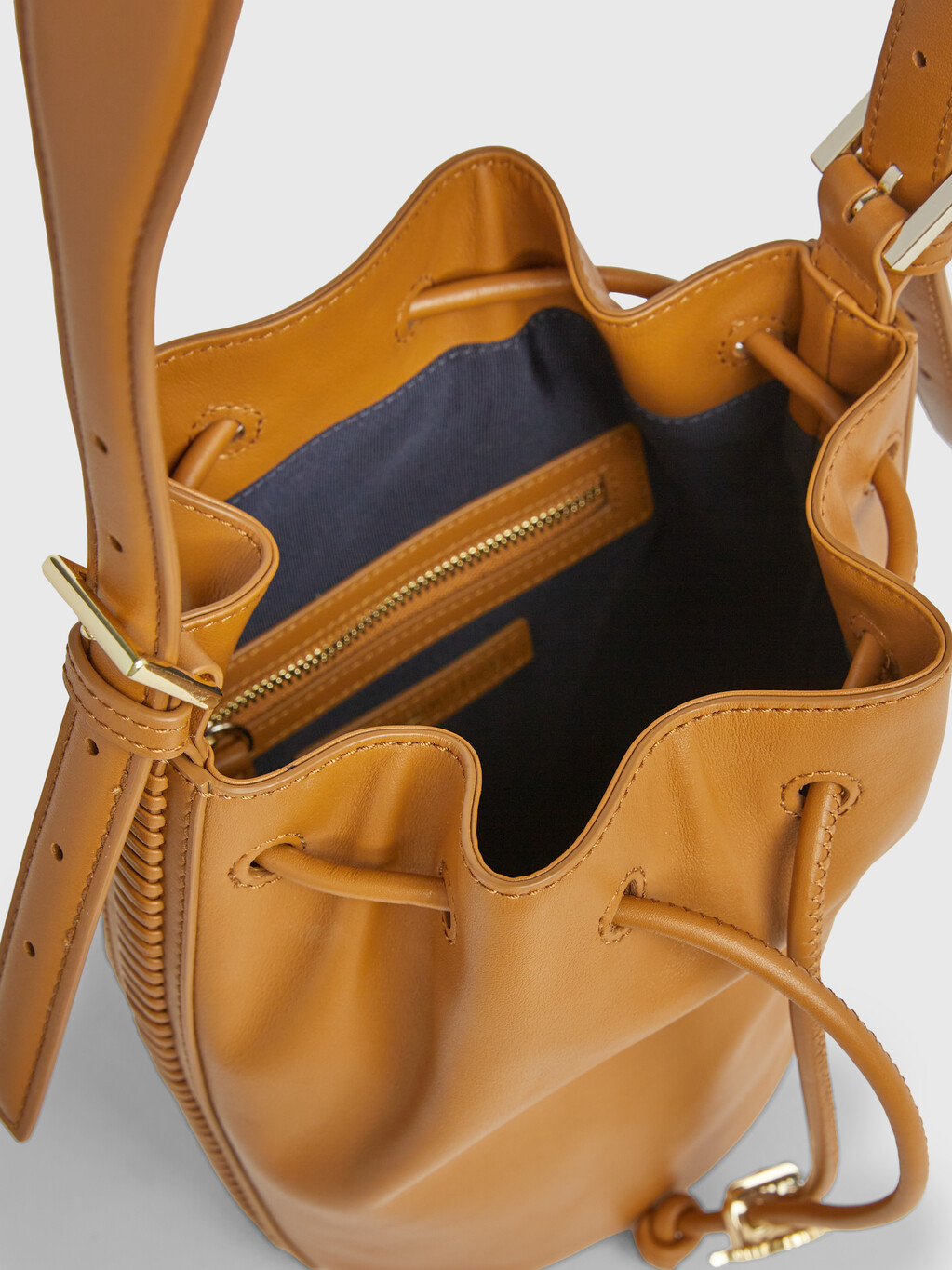 Leather Crest Drawstring Bucket Bag, Tan, hi-res