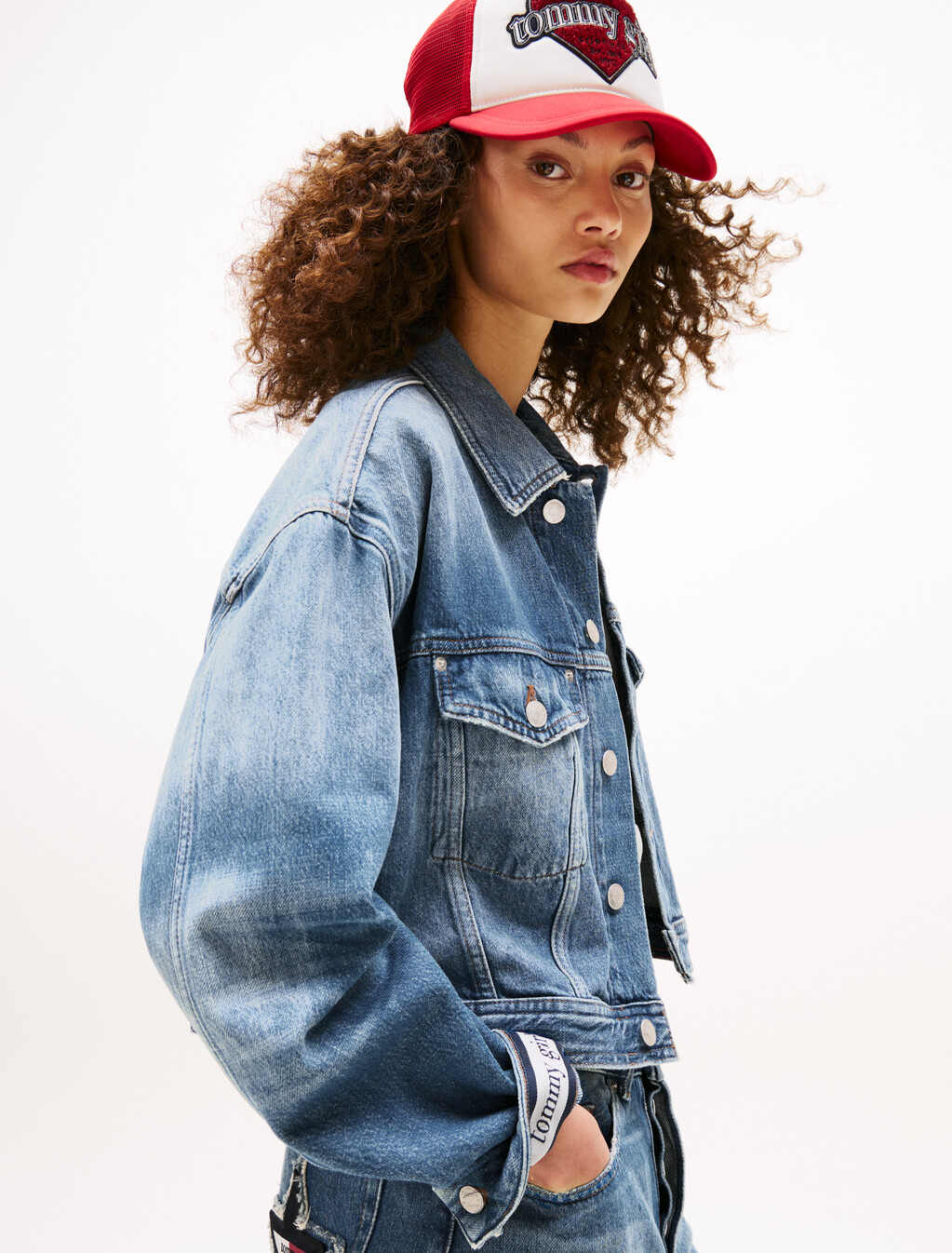Tommy Girl Back Logo Cropped Oversized Denim Jacket, Indigo Wash, hi-res