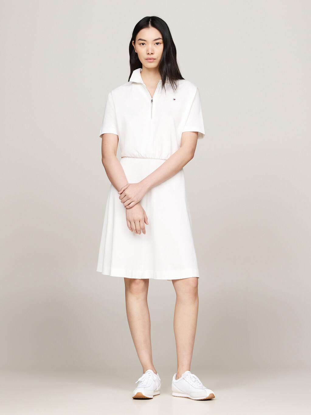 Zip Placket Fit And Flare Polo Dress, Ecru, hi-res