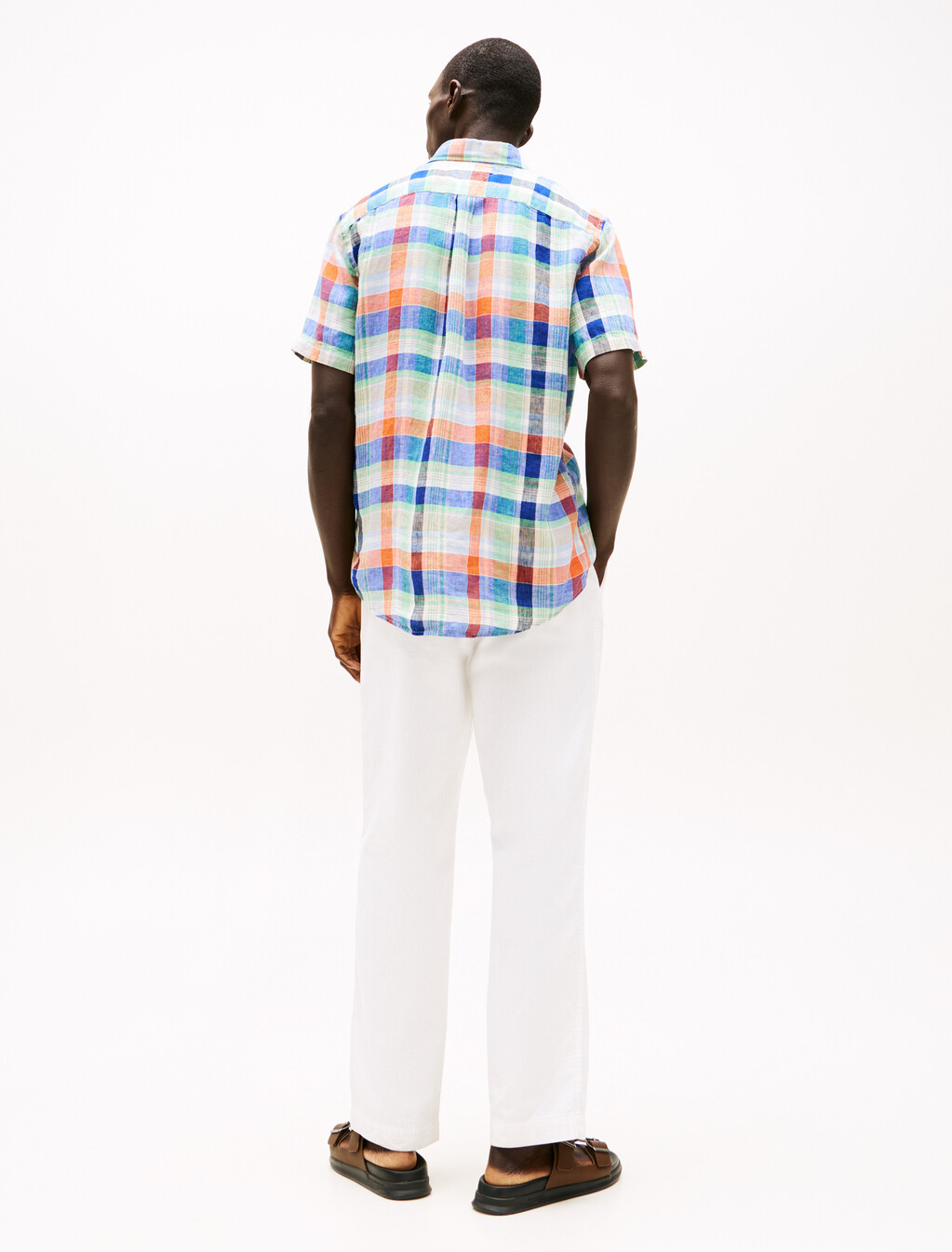 Linen Summer Madras Shirt, Brilliant Orange / Check, hi-res