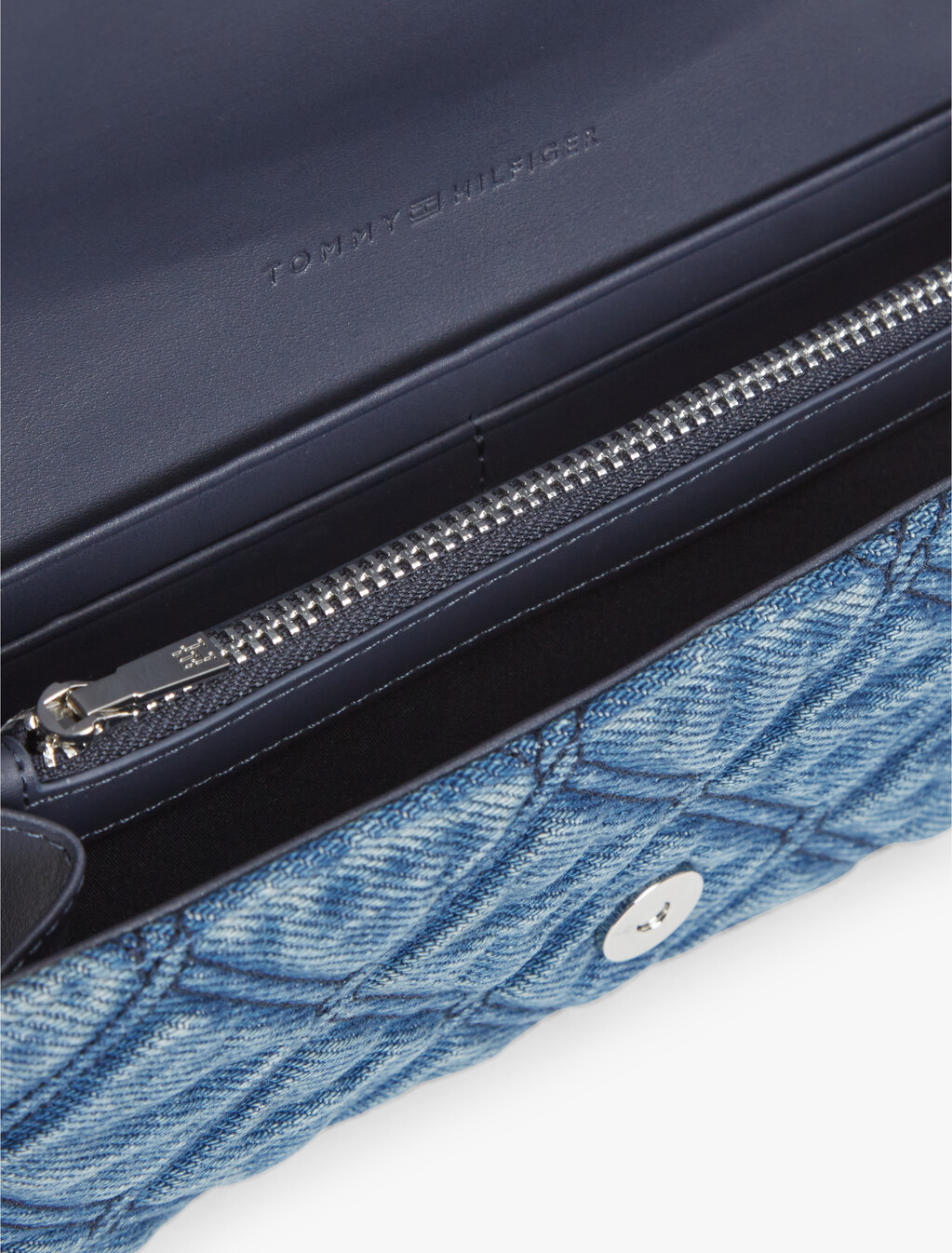 Quilted Denim Chain Strap Wallet, Denim, hi-res
