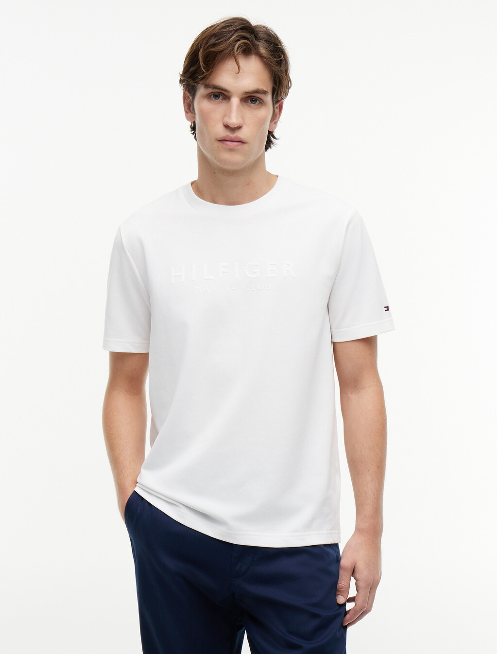 Embossed Logo Pique Interlock Knit T-Shirt, White, hi-res