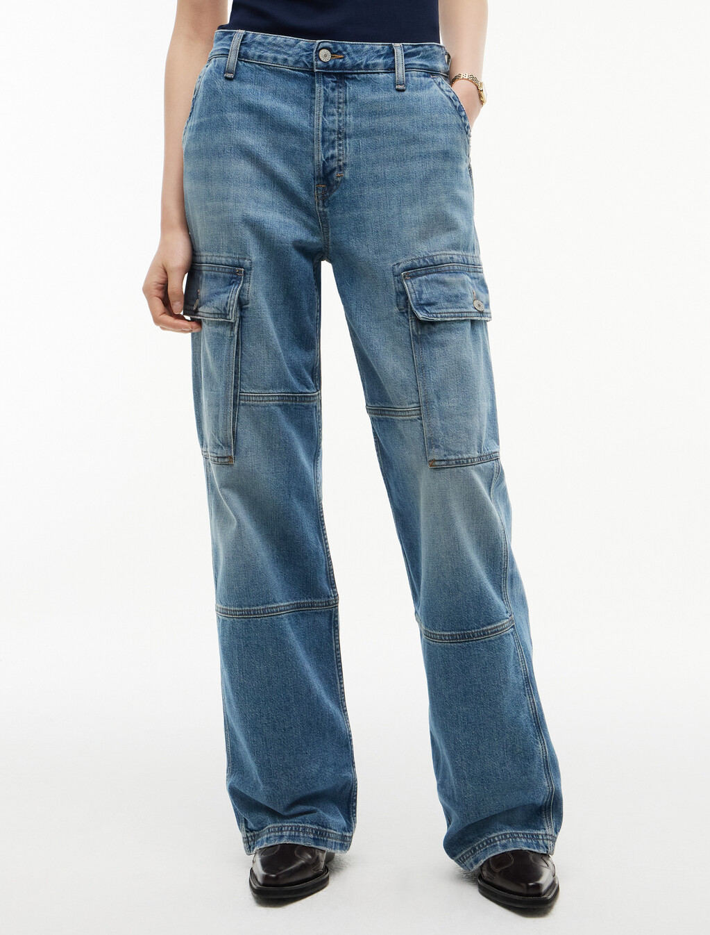 Mia Mid Rise Relaxed Straight Cargo Jeans, Denim Medium, hi-res