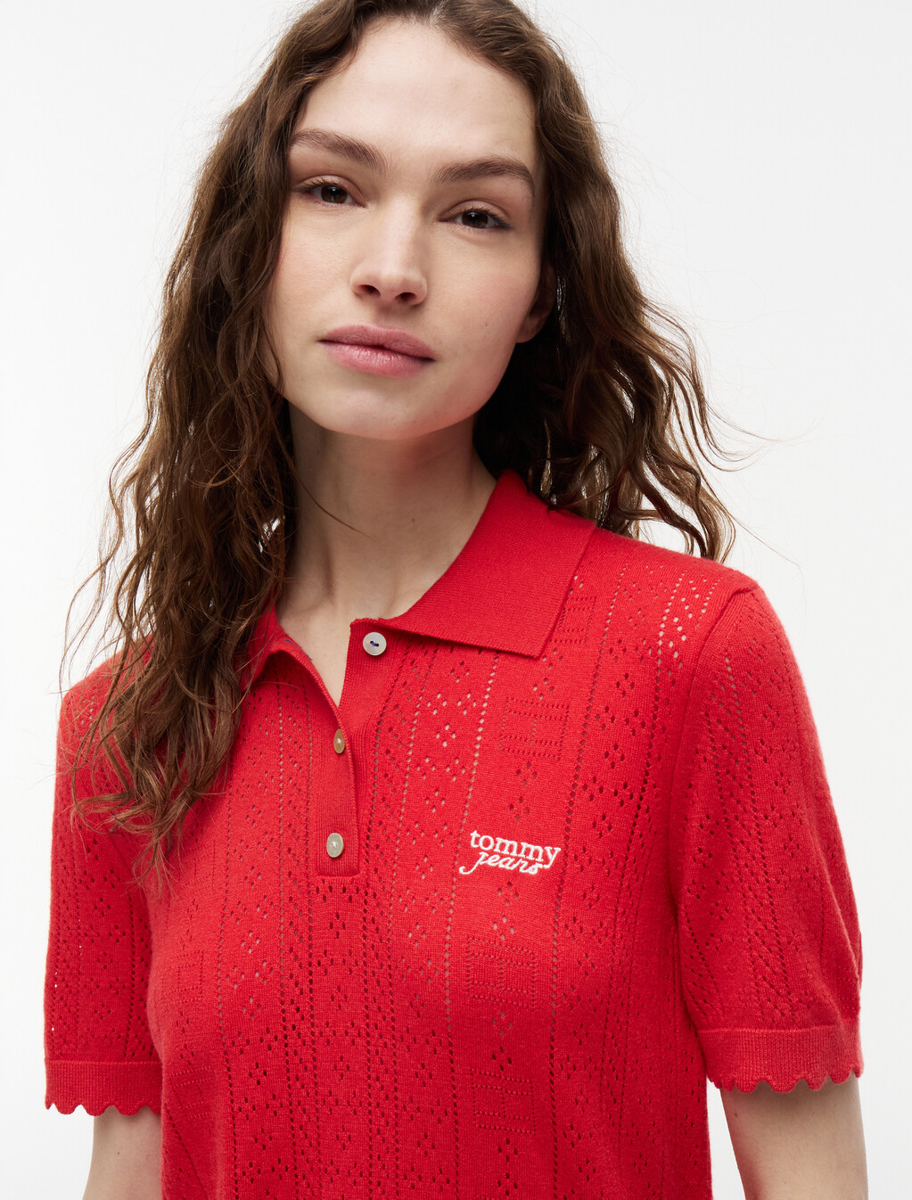 Pointelle Flag Short Sleeve Polo Jumper, Amaryllis Red, hi-res