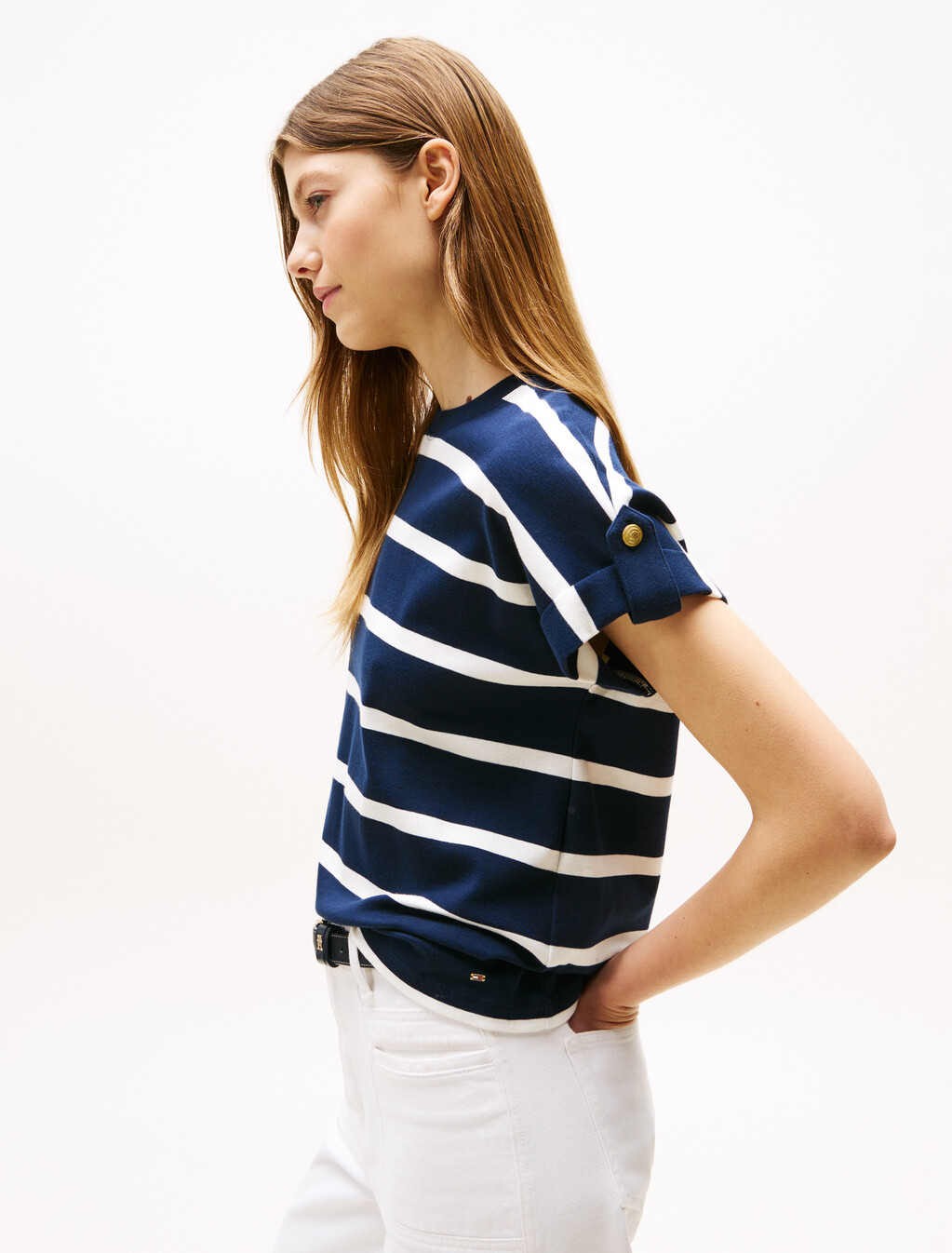 Roll Tab Sleeve T-Shirt, Dark Night Navy/Ivory Silk Stp, hi-res