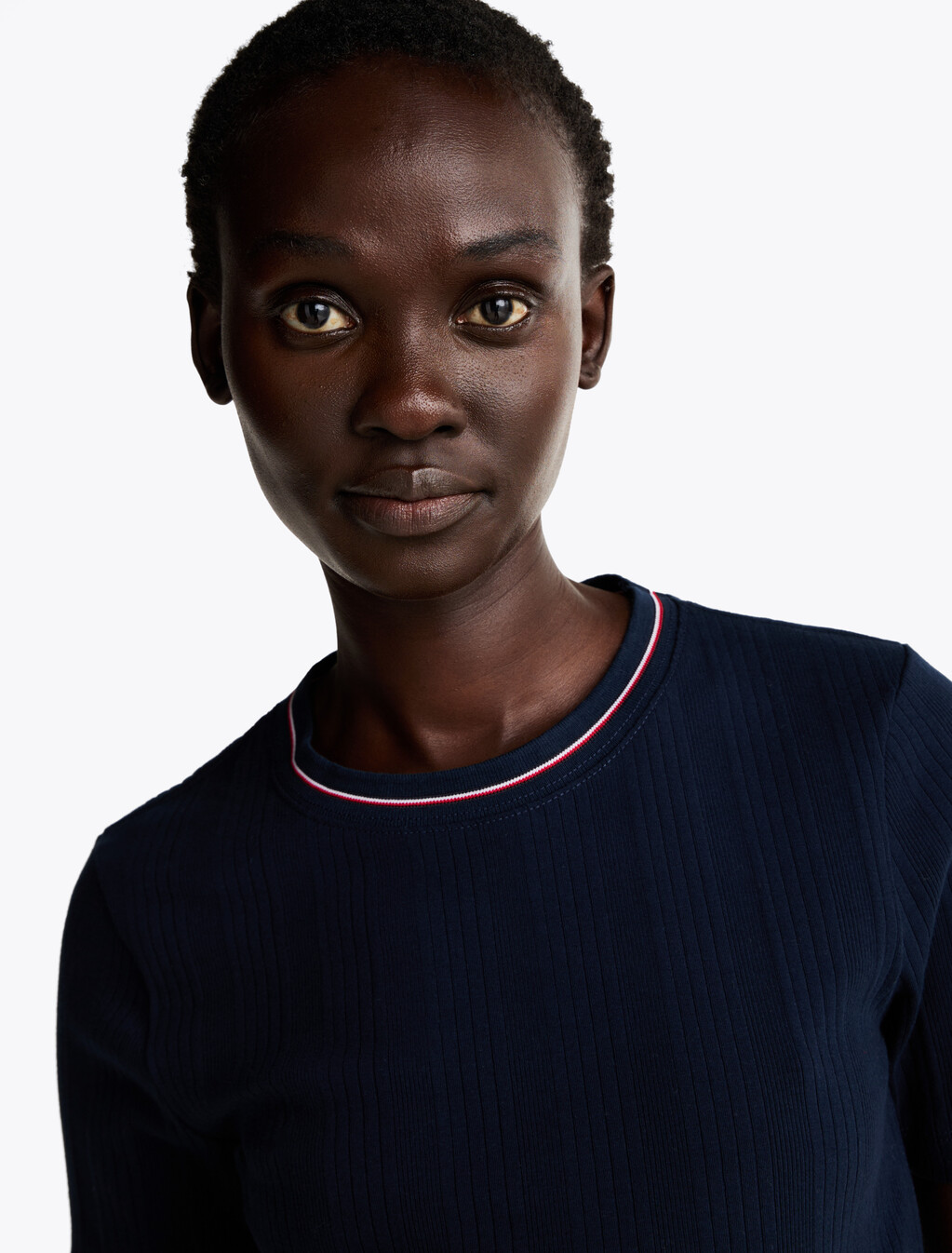 Rib-Knit Contrast Collar Slim T-Shirt, Dark Night Navy, hi-res