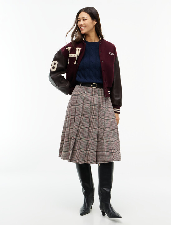 Textured Wool Blend Check Pleated Skirt