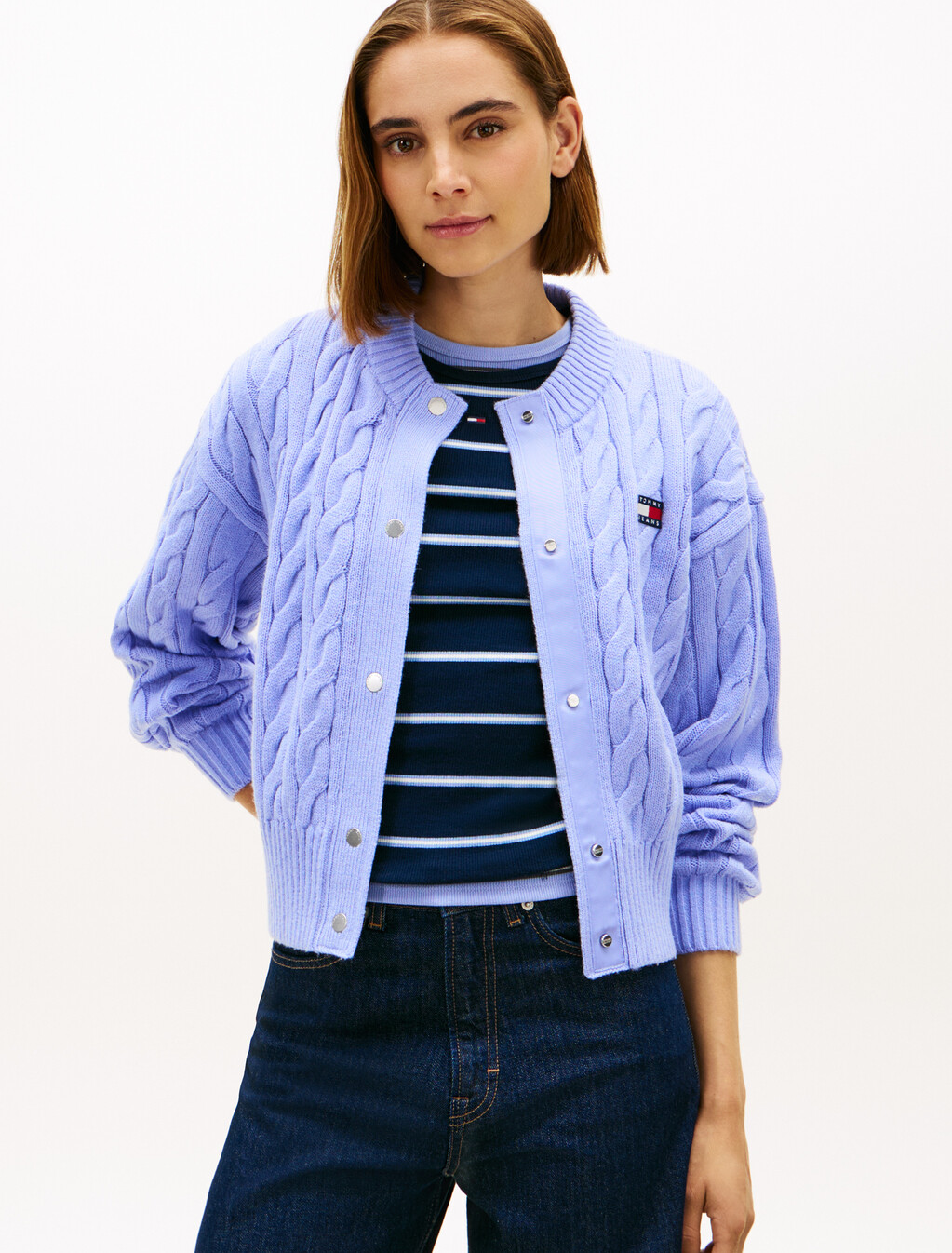 Flag Badge Cable Knit Cardigan, Vintage Iris, hi-res