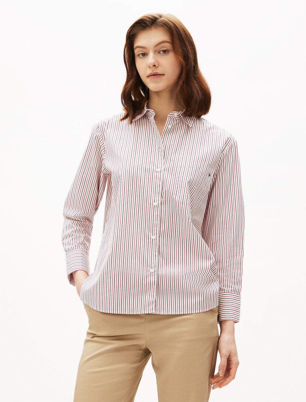 Asia Fit Essential Poplin Shirt, Red White Blue Thin Stp, hi-res
