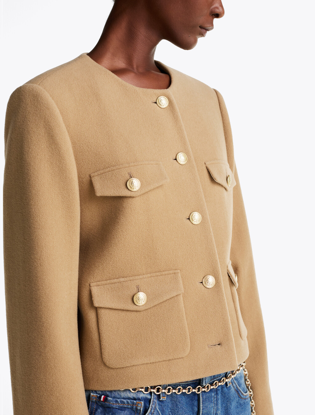 Double Faced Wool Rich Cropped Jacket, Classic Khaki, hi-res