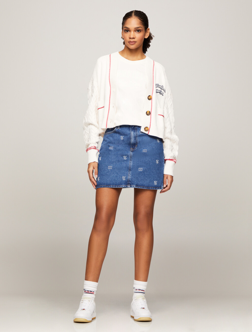 Varsity Cropped Cardigan, Ancient White, hi-res