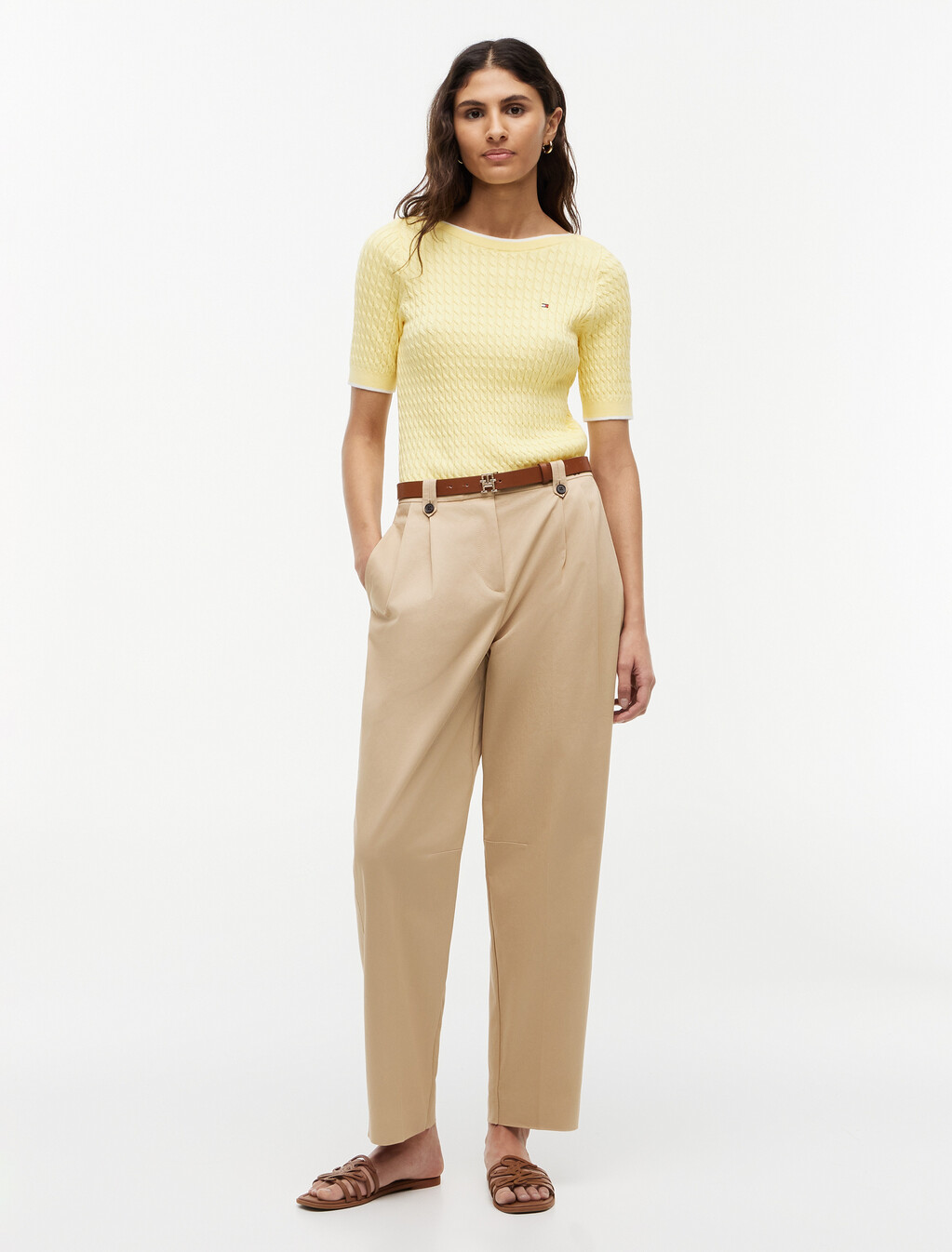Cable Knit Boat Neck Short Sleeve Jumper, Citronella, hi-res