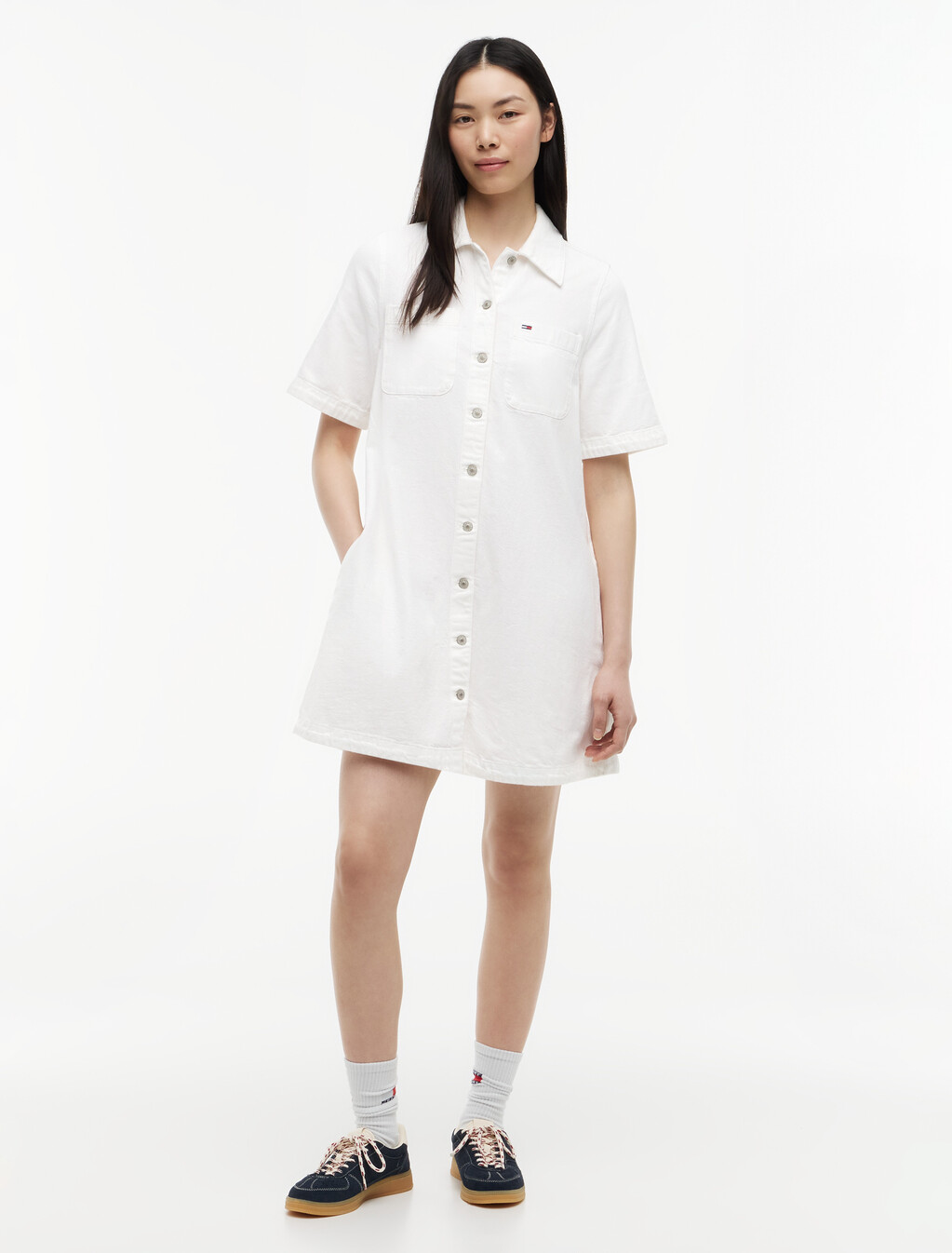 Textured Twill A-Line Mini Shirt Dress, Ancient White, hi-res