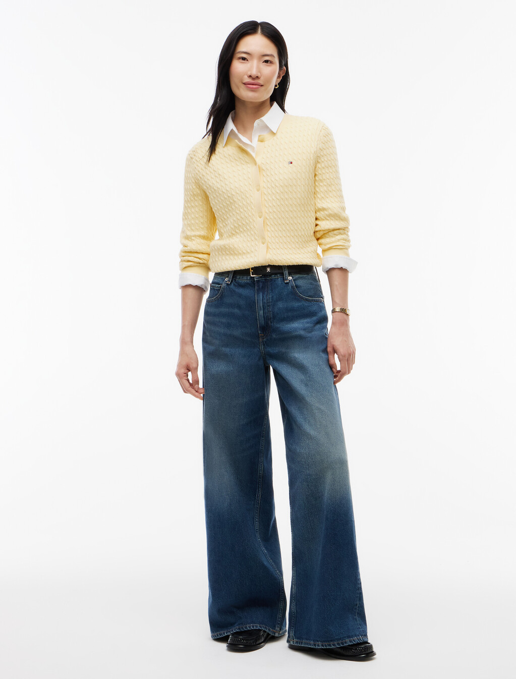 Cable Knit Crew Neck Cardigan, Frozen Custard, hi-res