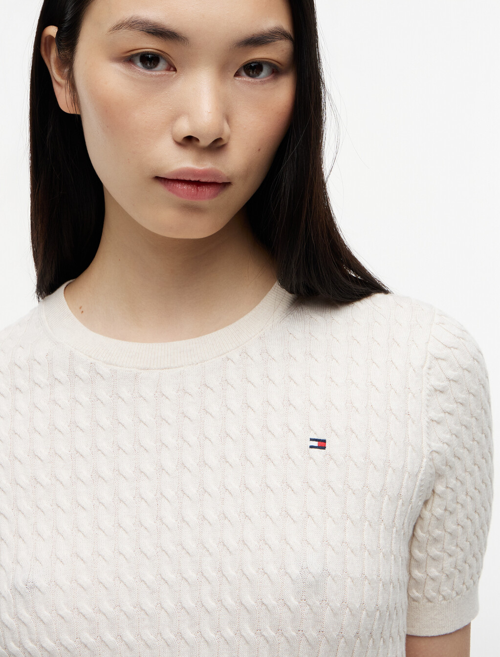 Fine Gauge Cable Knit Short Sleeve Jumper, Heather Ivory Petal, hi-res