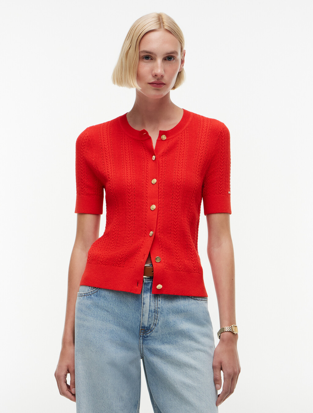 Pointelle Gold-Tone Button Short Sleeve Cardigan, Fire Red, hi-res