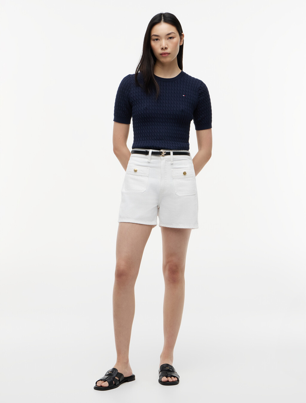 Fine Gauge Cable Knit Short Sleeve Jumper, Dark Night Navy, hi-res