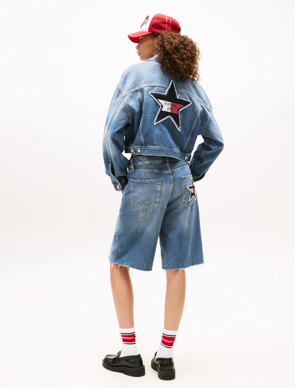 Tommy Girl Back Logo Cropped Oversized Denim Jacket, Indigo Wash, hi-res