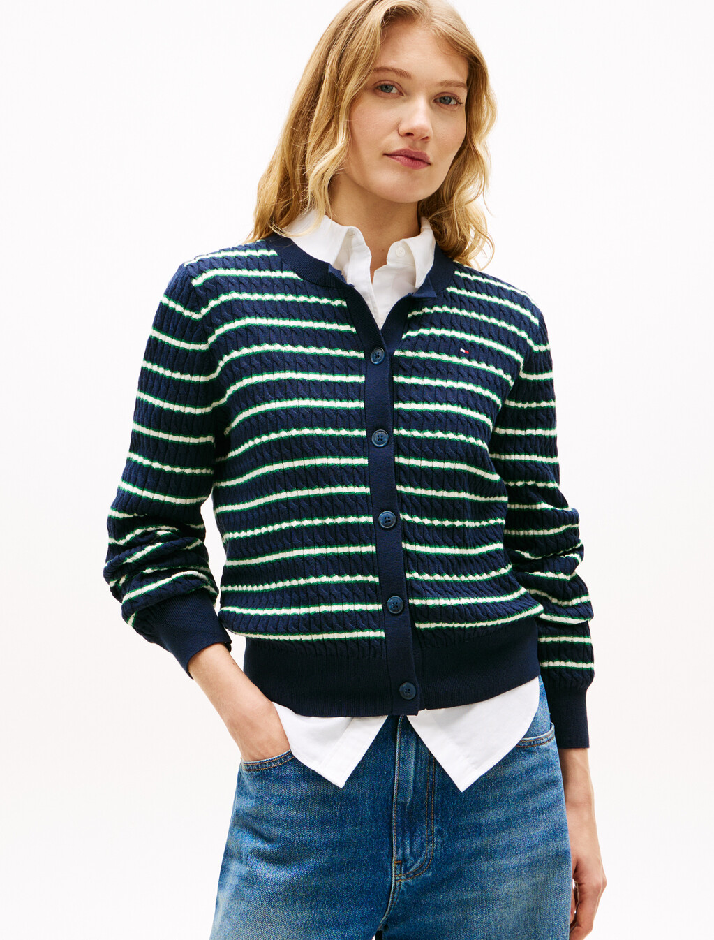 Fine Cable Knit Crew Neck Cardigan, Navy/Nouv Green/Calico Multi Stp, hi-res