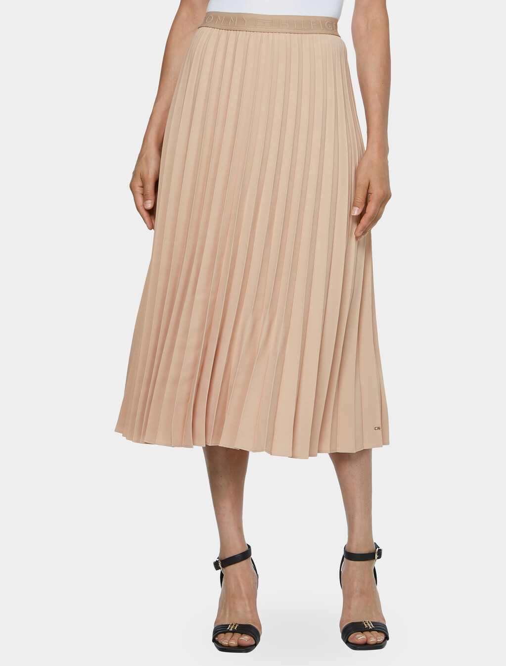 Twill Midi Pleated Skirt, Beige, hi-res