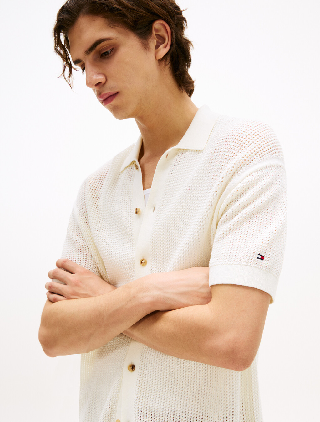 Structured Open Knit Overshirt, Ivory Petal, hi-res