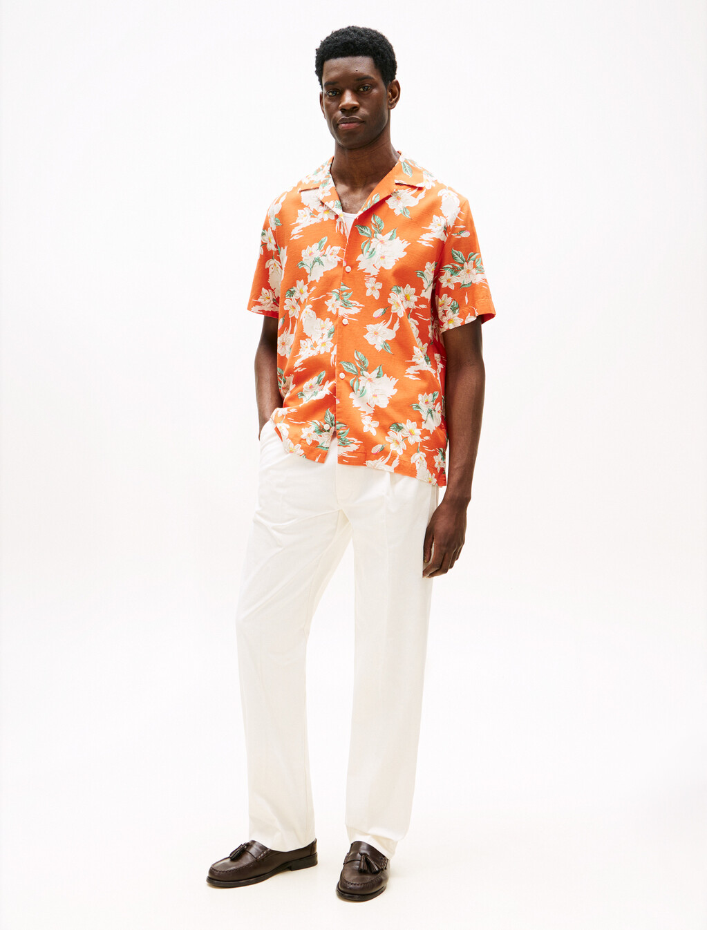 Lightweight Floral Print Viscose Shirt, Brilliant Orange / Allover, hi-res