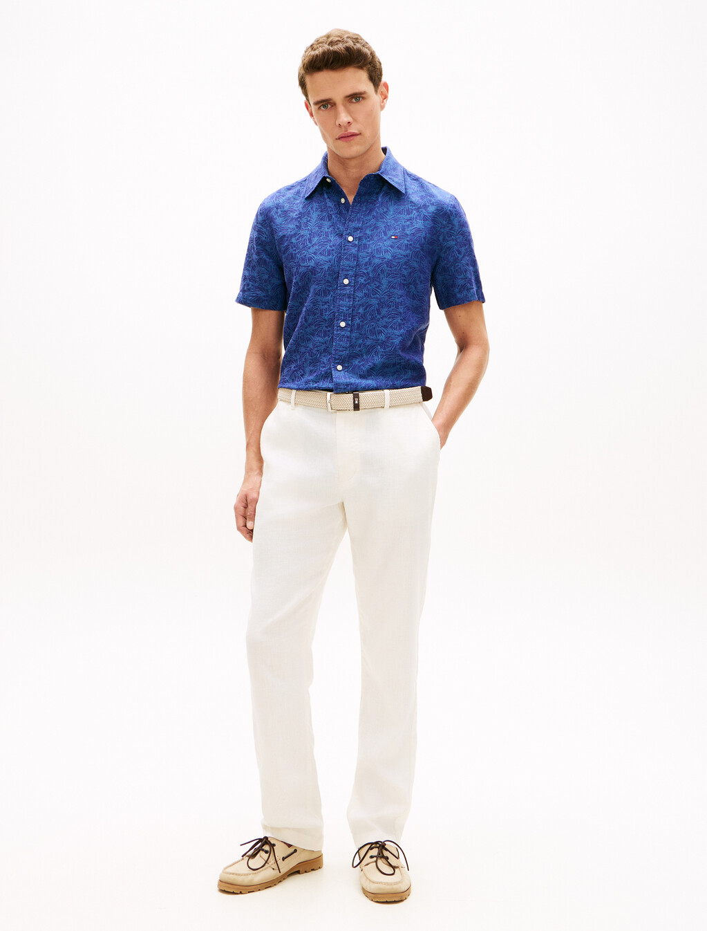 Linen Tencel Jacquard Short Sleeve Shirt, Carbon Navy / Allover, hi-res