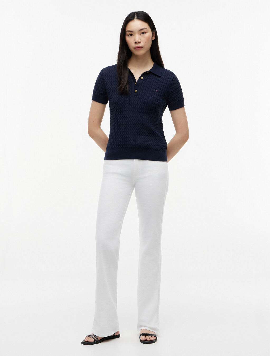 Fine Gauge Cable Knit Polo  Short Sleeve Jumper, Dark Night Navy, hi-res