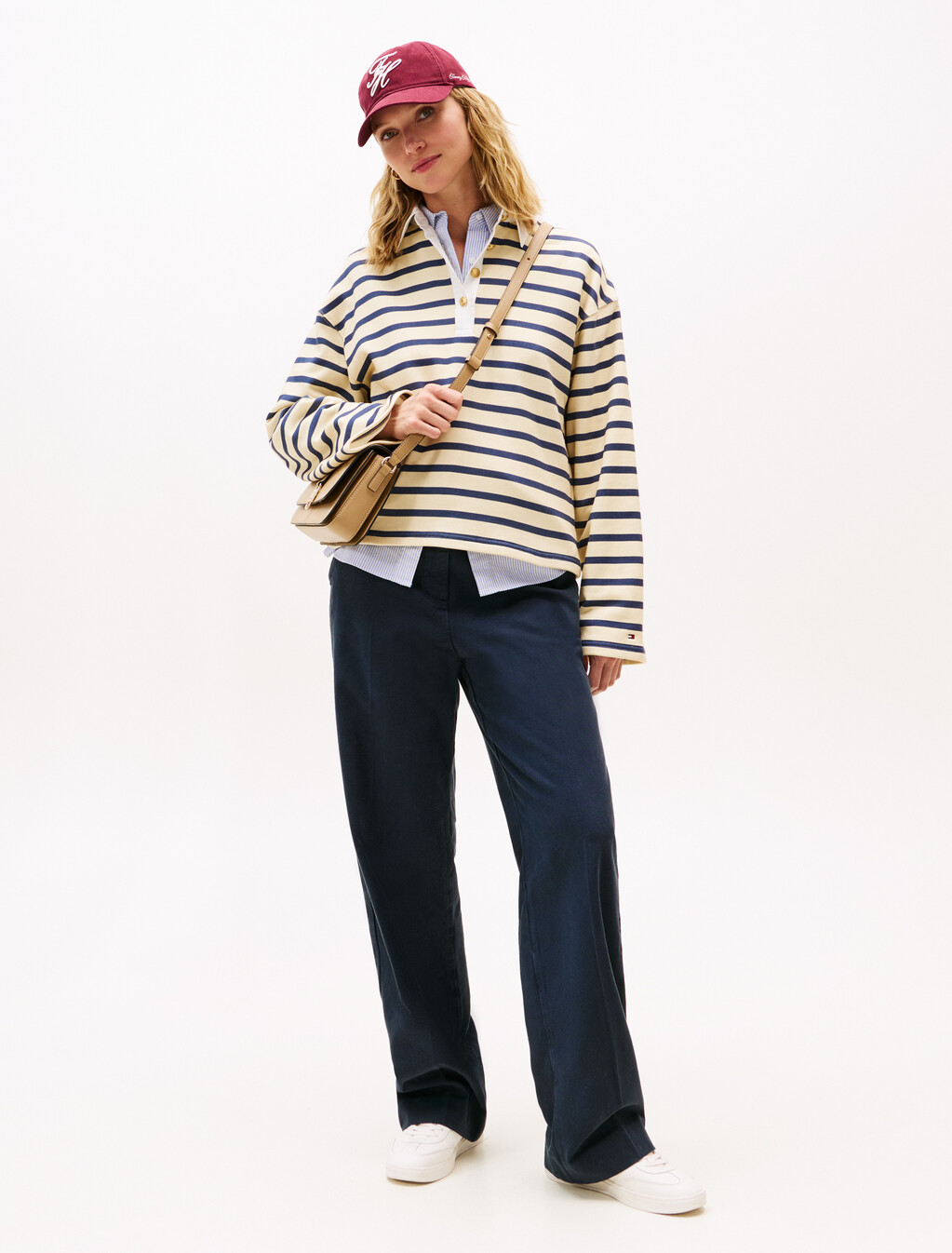 Gold-Tone Button Relaxed Rugby Sweatshirt, Country Ivory/ Dark Night Navy Stp, hi-res