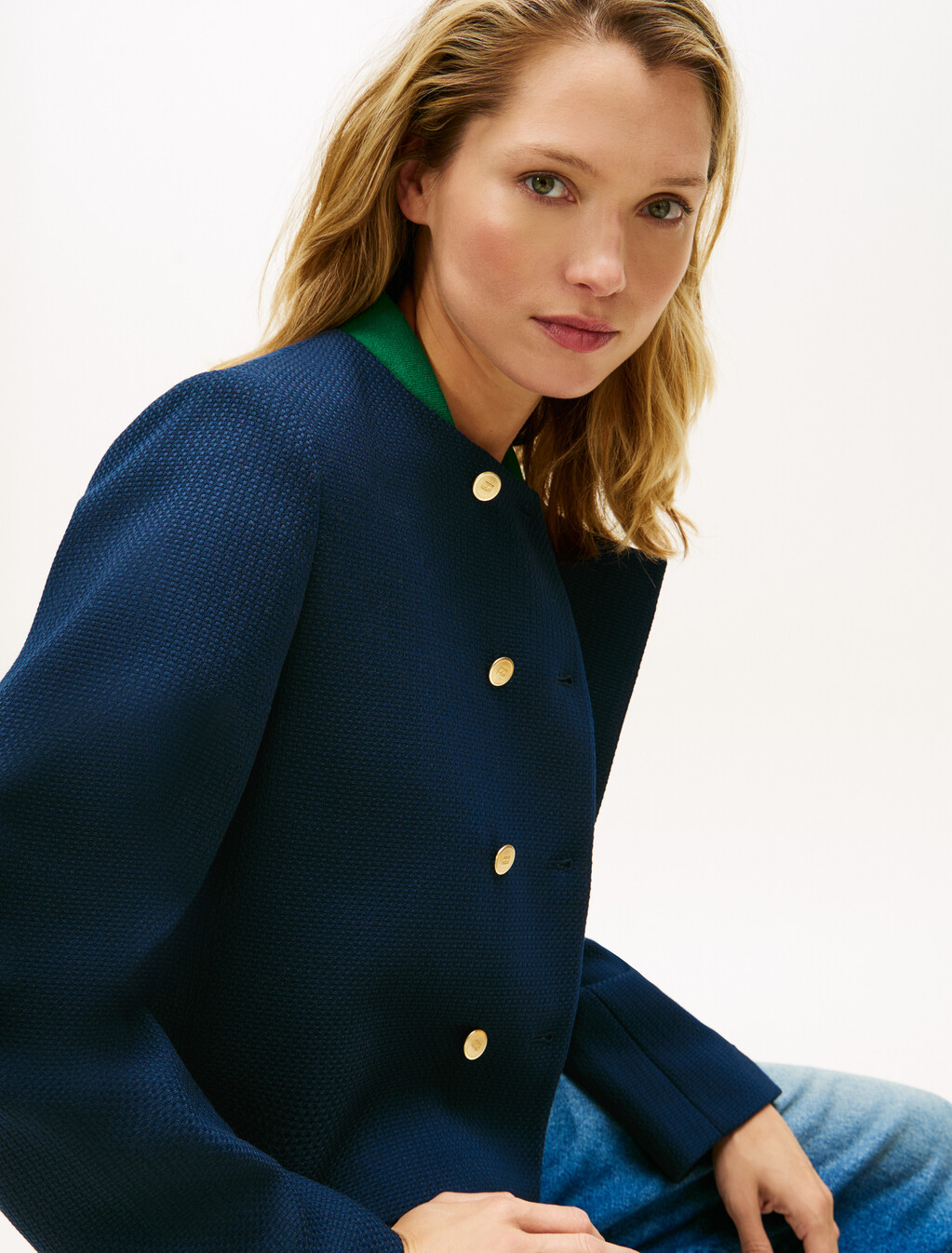 Textured Wool Blend Double Breasted Jacket, Dark Night Navy, hi-res