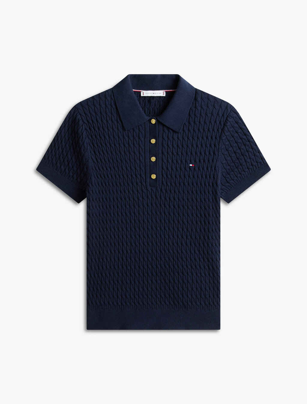 Fine Gauge Cable Knit Polo  Short Sleeve Jumper, Dark Night Navy, hi-res