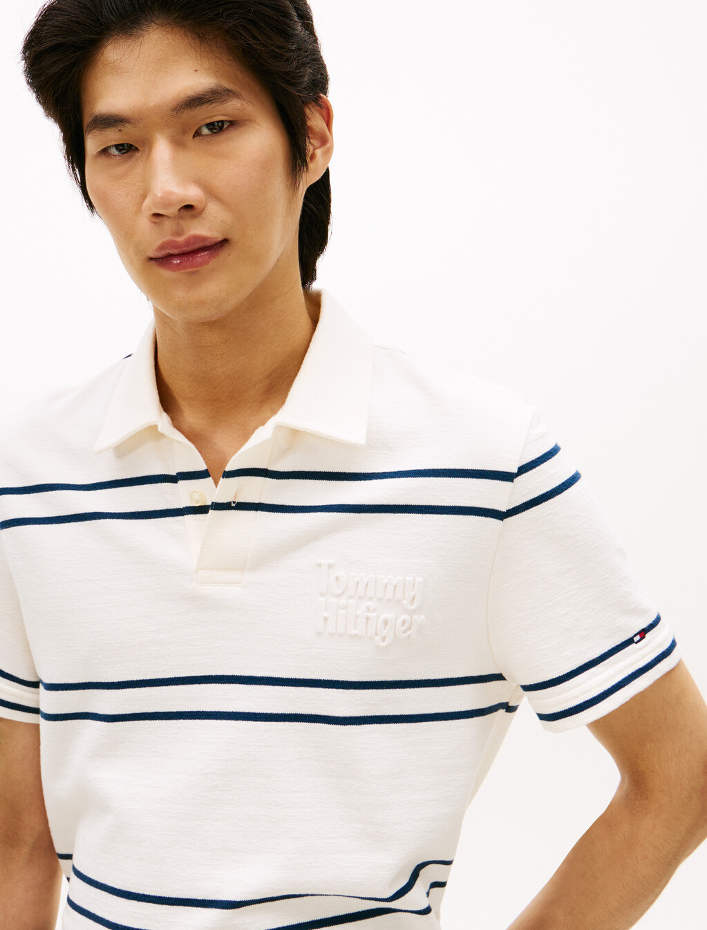 Reverse Terry Embossed Logo Polo, Ivory Petal / Pitch Blue, hi-res