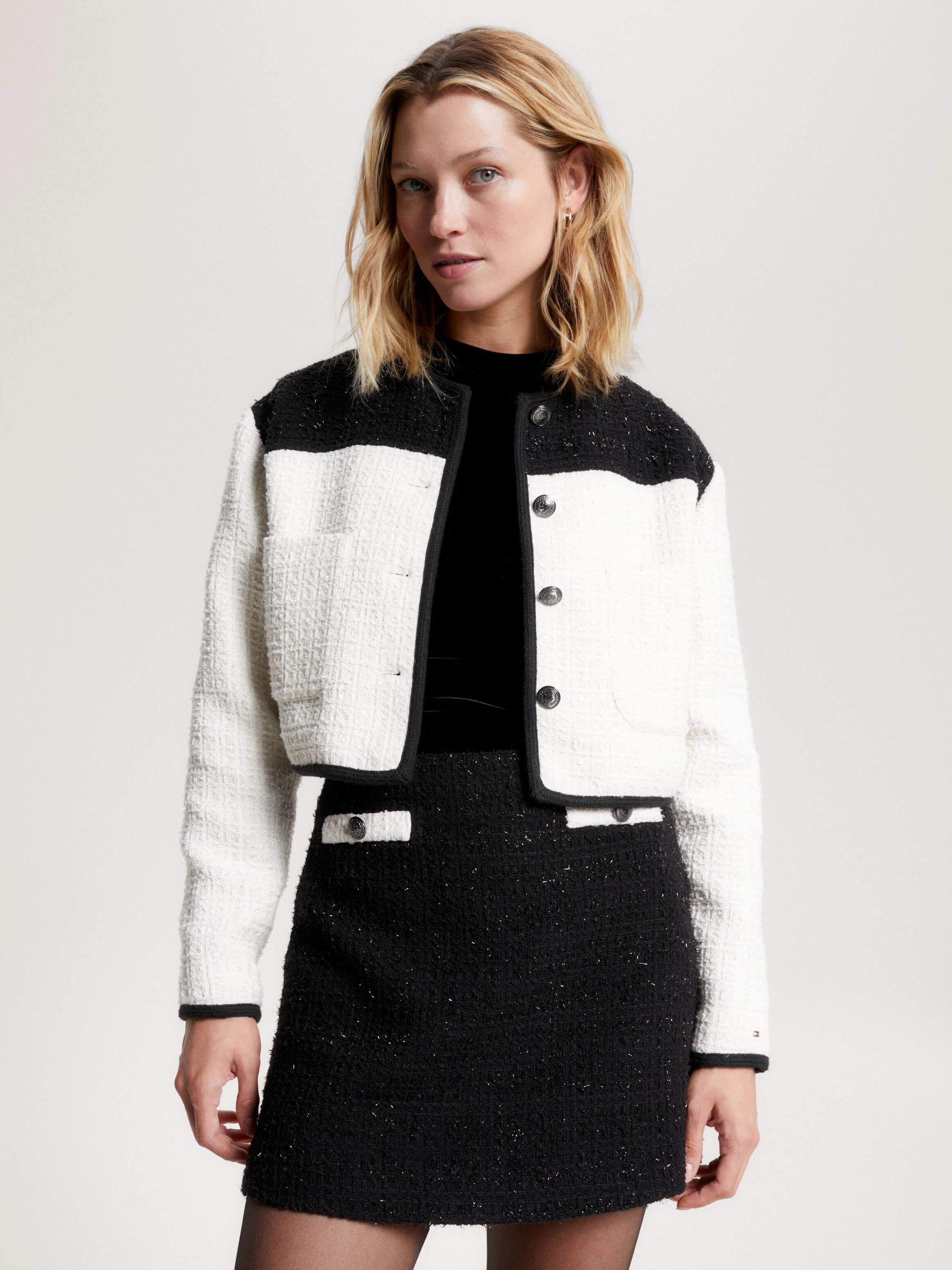 Two Tone Cropped Tweed Jacket | natural | Tommy Hilfiger Malaysia