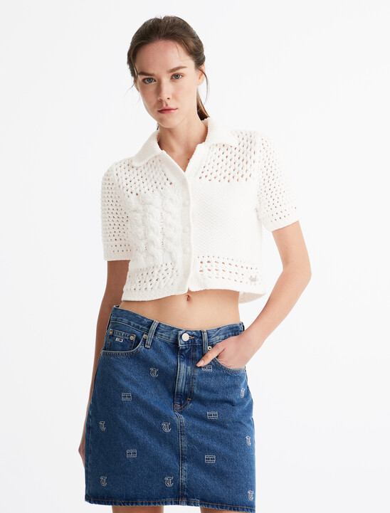 Perforated Camp Collar Cardigan
