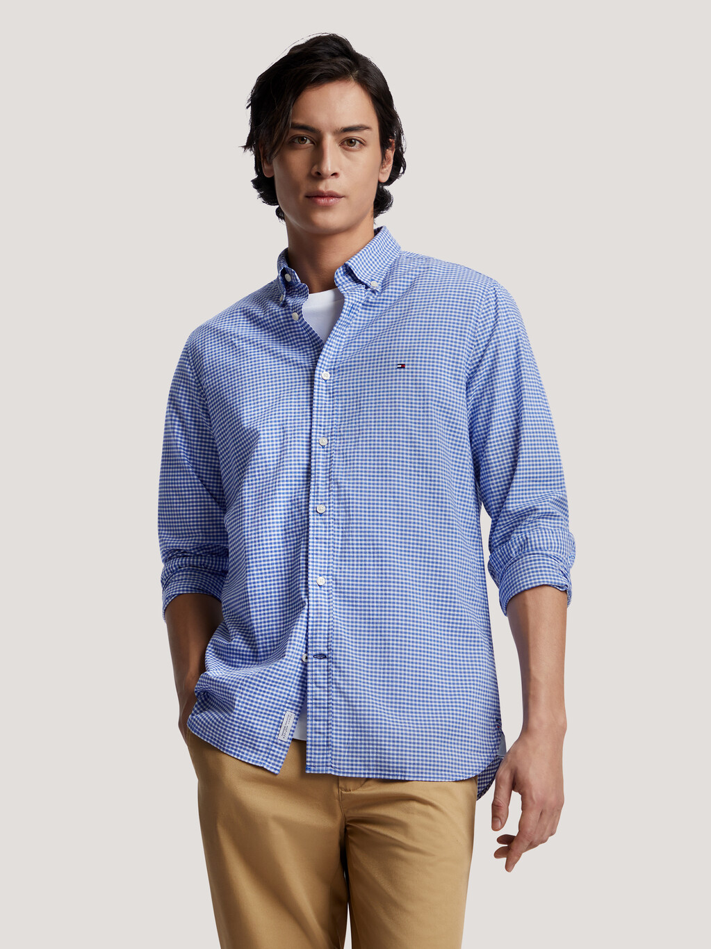TH Flex Textured Gingham Check Slim Shirt | blue | Tommy Hilfiger Malaysia
