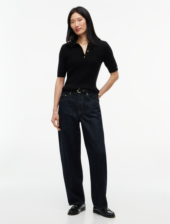 Cable Knit Gold-Tone Button Polo Jumper