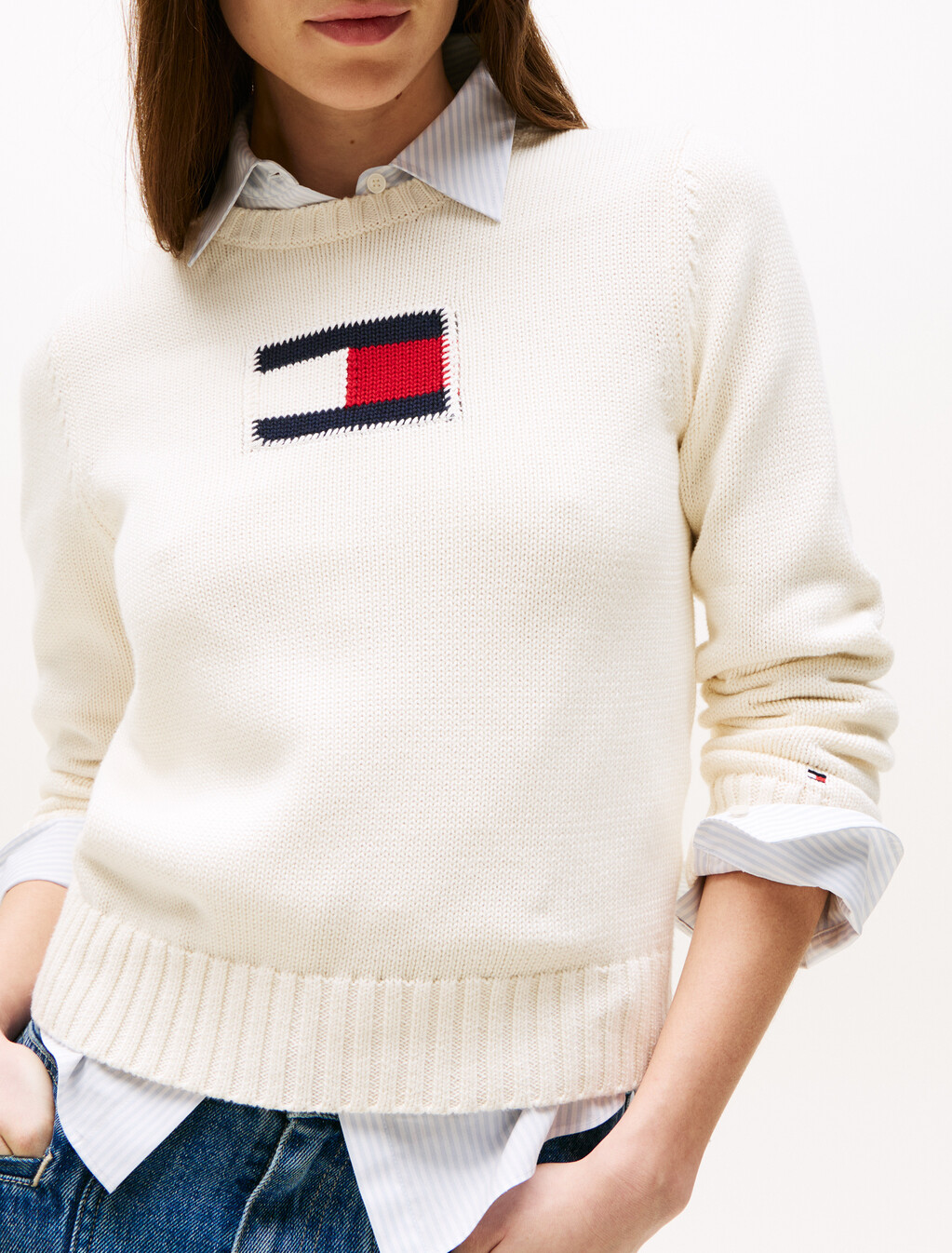 Americana Flag Crewneck Sweater, Ivory Petal, hi-res