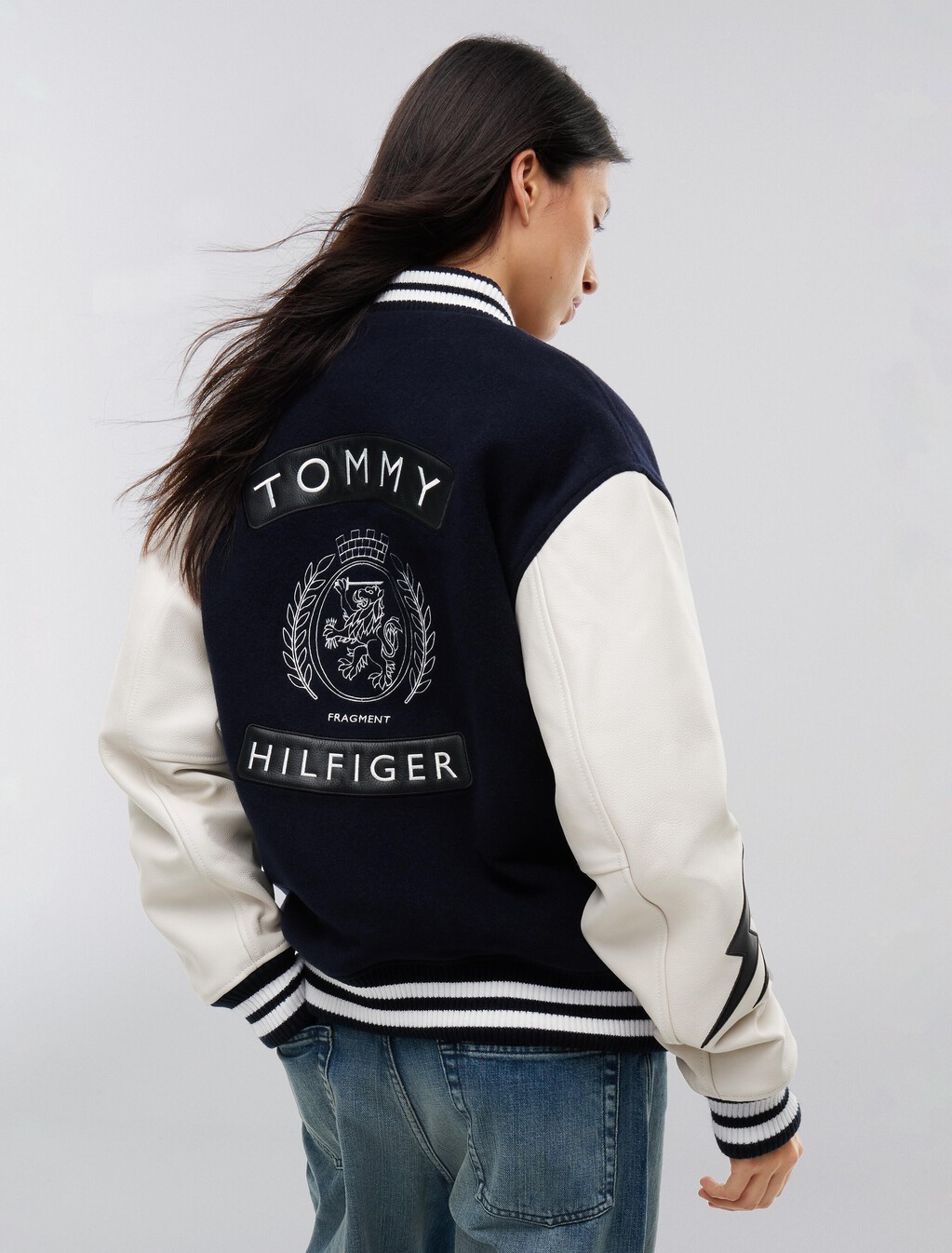 Tommy Hilfiger x FRGMT Pebble Grain Leather Varsity Jacket, Navy Blue / Ecru, hi-res