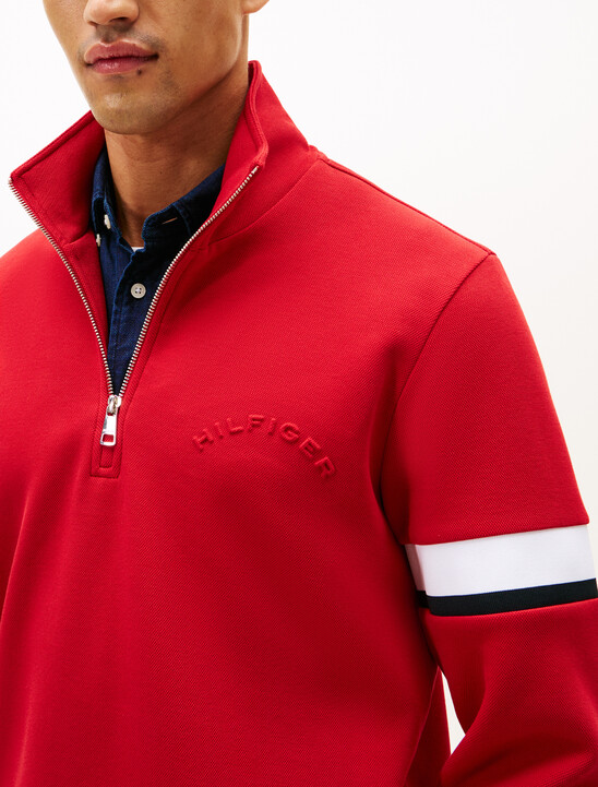 Half Zip Stripe Insert Cotton Pique Sweatshirt, Medium Red Half Zip Stripe Insert Cotton Pique Sweatshirt