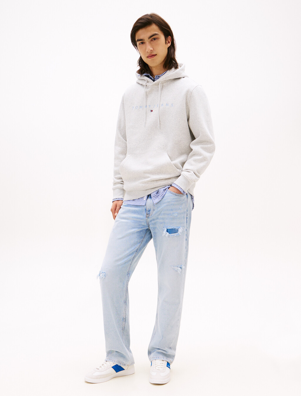 Linear Logo Embroidery Kangaroo Pocket Hoody, Lt Grey Htr Multi, hi-res