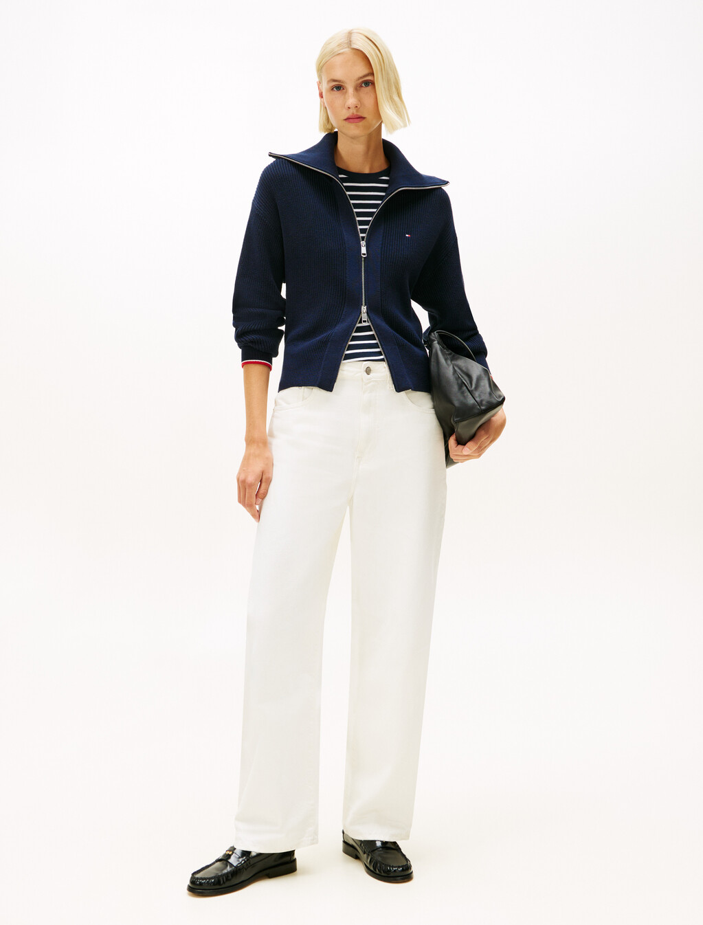 Double Zip Flap Collar Knit Cardigan, Dark Night Navy, hi-res