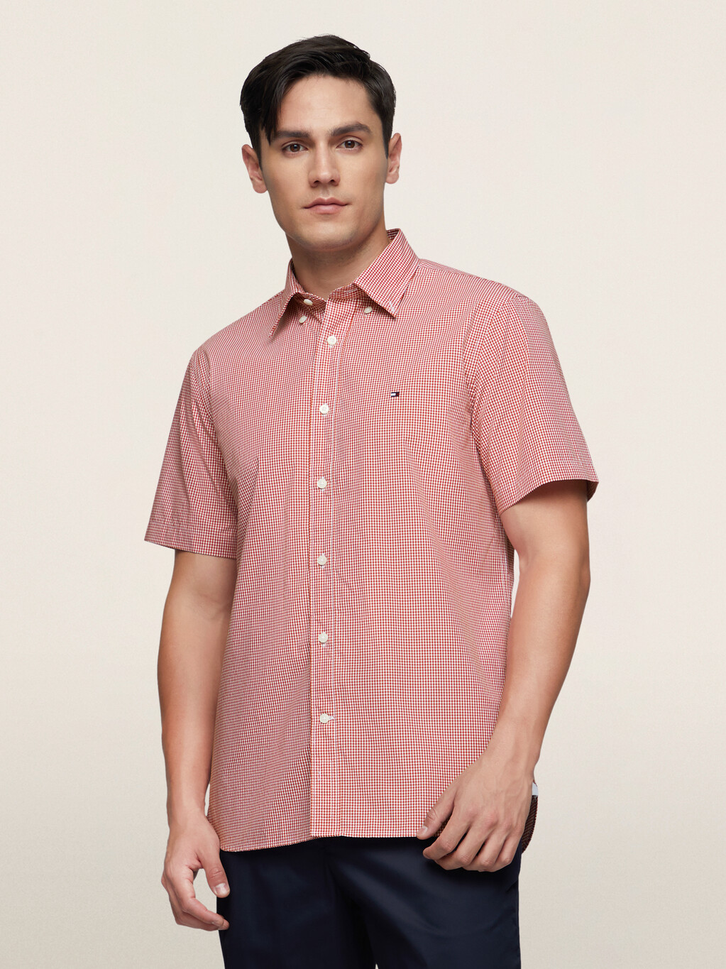 Micro Gingham Check Button Down Short Sleeve Shirt, Red Check, hi-res