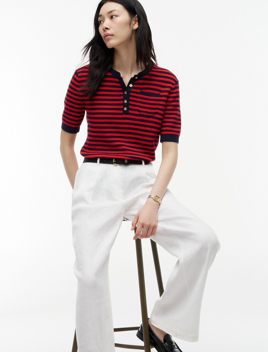 Gold-Tone Button Henley Short Sleeve Jumper, Dark N Navy/Fire Red Stp, hi-res