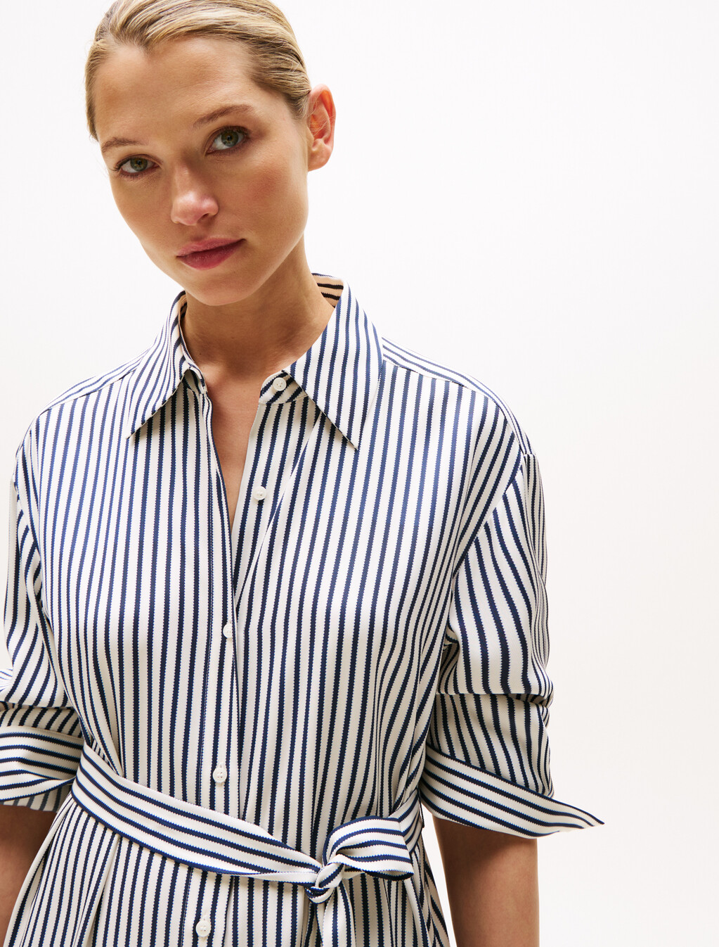 Asia Fit Twill Midi Shirt Dress, Textured Stp/ Dark Night Navy, hi-res