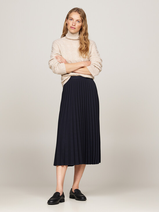 Logo Waistband Pleated Midi Skirt