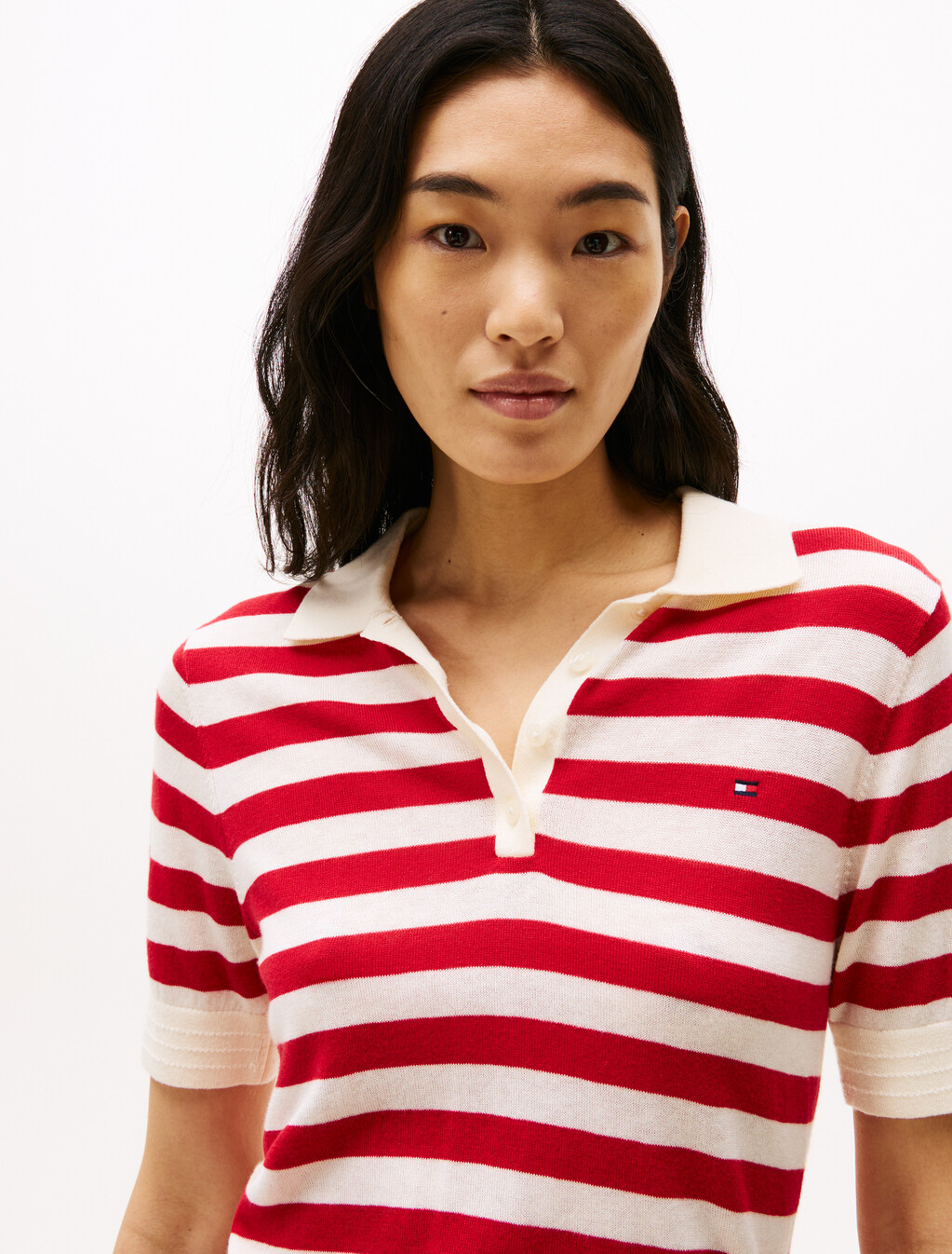 Short Sleeve Polo Collar Jumper, White Stripe 10, hi-res