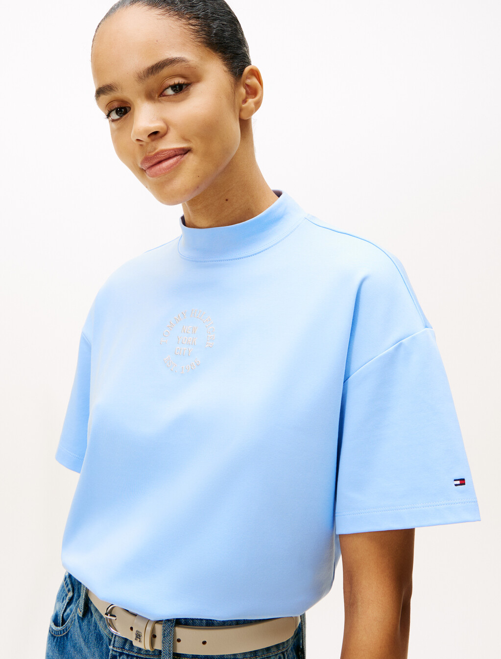Stamp Print Relaxed Mock Neck T-Shirt, Vessel Blue, hi-res